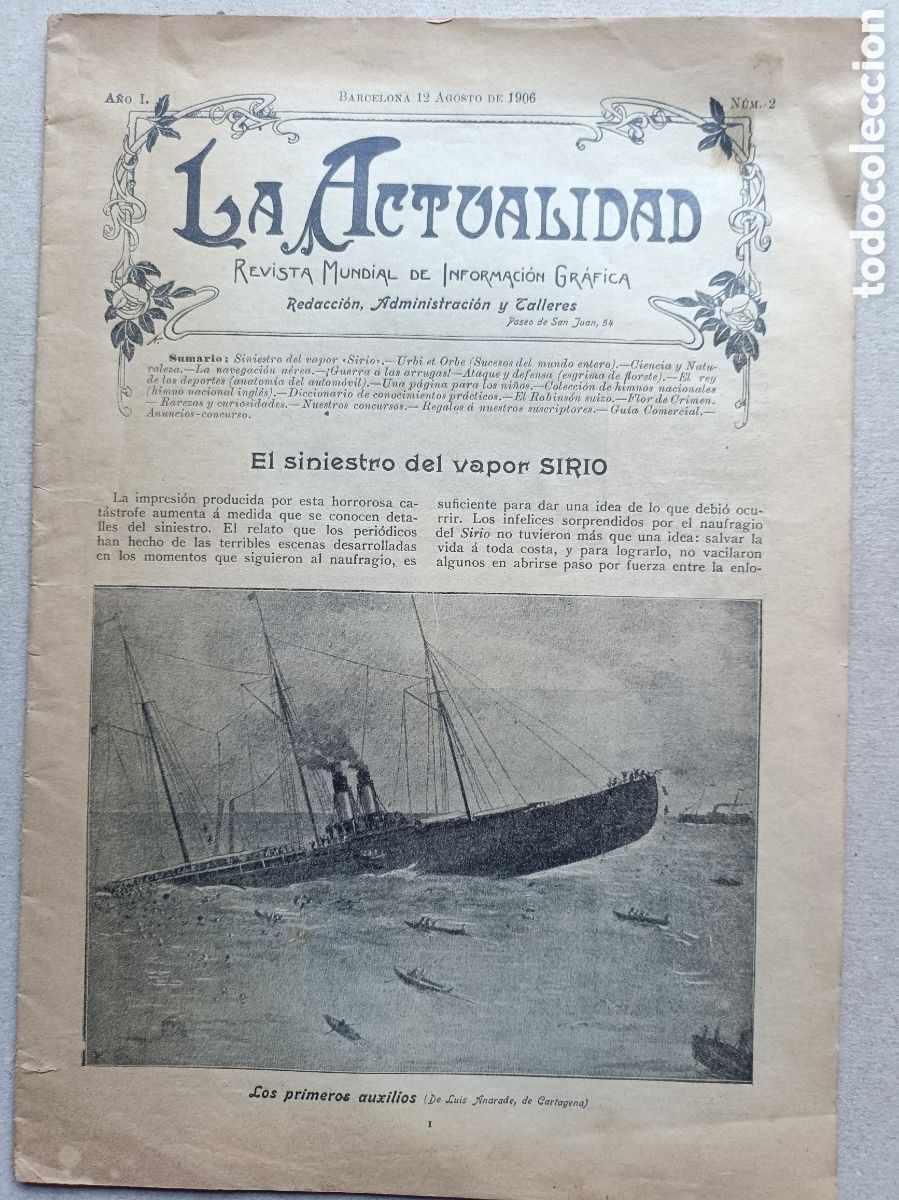 Coleccionismo de Revistas y Peri&oacute;dicos: Revista La Actualidad 12 agosto 1906 El siniestro del vapor Sirio El Titanic del Mediterr&aacute;neo