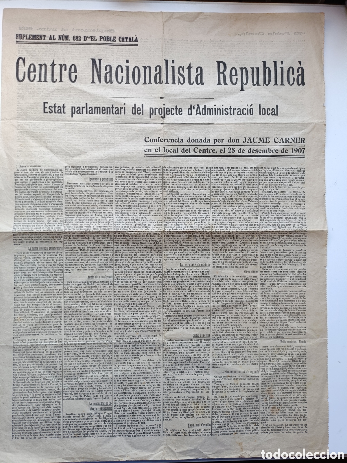 Coleccionismo de Revistas y Peri&oacute;dicos: Suplement 682 El Poble Catal&agrave; Centre Nacionalista Republic&agrave; confer&egrave;ncia Jaume Carner 1907