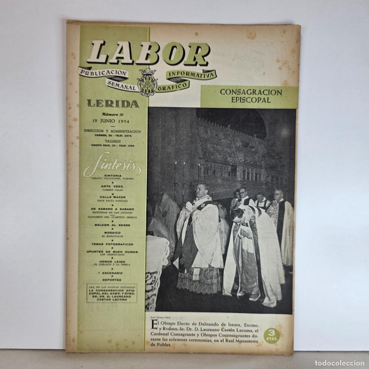 Coleccionismo de revistas y peri&oacute;dicos: Revista Labor L&eacute;rida n&ordm; 31 19 Junio 1954 Consagraci&oacute;n Episcopal