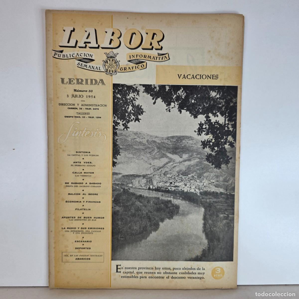 Colecionismo de Revistas e Jornais: Revista Labor L&eacute;rida n&ordm; 33 3 Julio 1954 Vacaciones Deportes Nataci&oacute;n