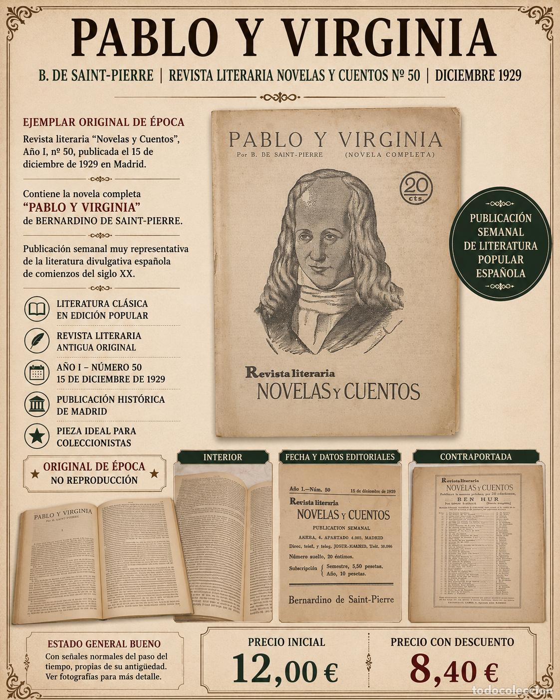 Coleccionismo de Revistas y Peri&oacute;dicos: PABLO Y VIRGINIA | B. DE SAINT-PIERRE | REVISTA LITERARIA NOVELAS Y CUENTOS N.&ordm; 50 | DICIEMBRE 1929