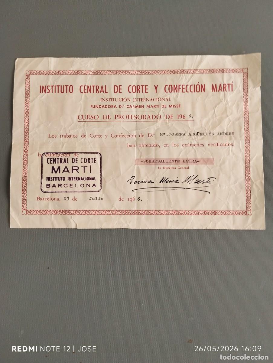 Coleccionismo de Revistas y Peri&oacute;dicos: Certificado - Diploma corte y confecci&oacute;n a&ntilde;o 1966 - 620