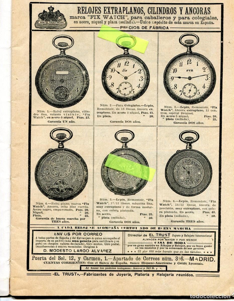 Coleccionismo de Revistas y Peri&oacute;dicos: RECORTE DE PRENSA ANUNCIO RELOJES FIX WATCH RELOJES DE BOLSILLO ESFERA A&Ntilde;O 1912