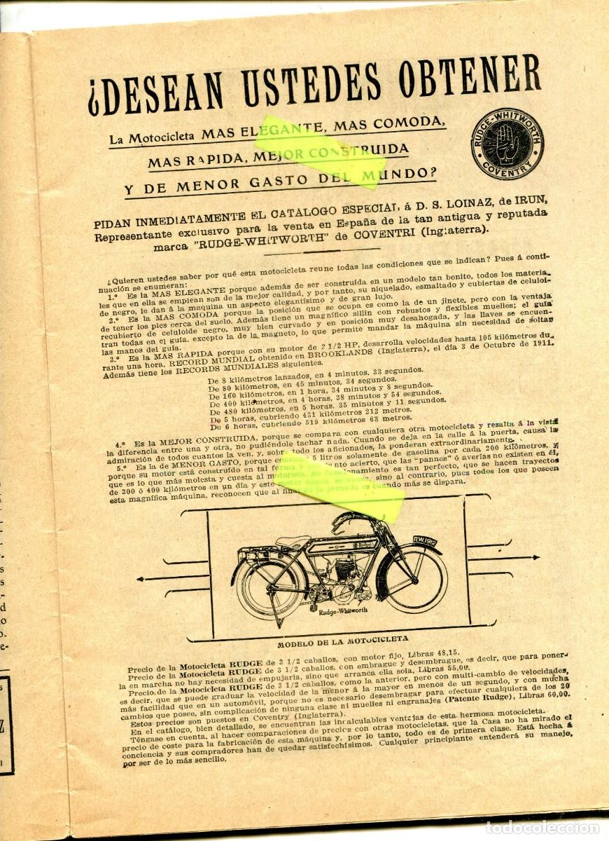 Coleccionismo de Revistas y Peri&oacute;dicos: RECORTE DE PRENSA ANUNCIO MOTO MOTOCICLETA LOINAZ DE IRUN RUDGE WHITWORTH COVENTRY A&Ntilde;O 1912
