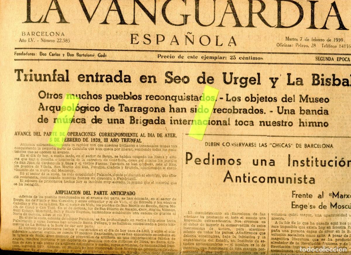 Colecionismo de Revistas e Jornais: VANGUARDIA A&Ntilde;O 1939 CAIDA DE BAGA GUARDIOLA VILADA SANT JOAN DE CERDANYOLA BORREDA FIGOLS CORNELI