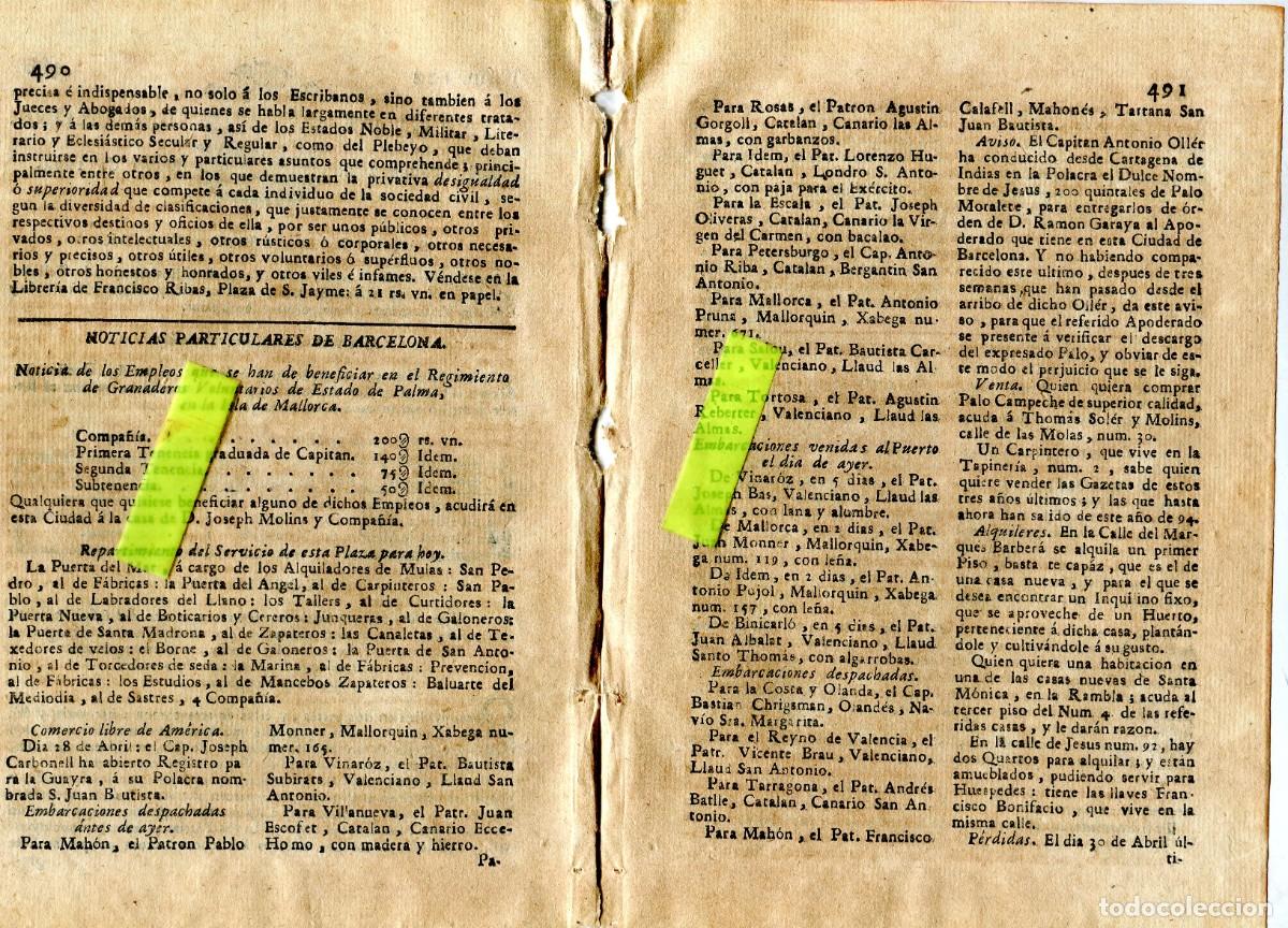 Sammeln von Zeitschriften und Zeitungen: DIARIO DE BARCELONA A&Ntilde;O 1794 COMERCIO MARITIMO AMERICA EMPLEOS REGIMIENTO DE GRANADEROS DE MALLORCA