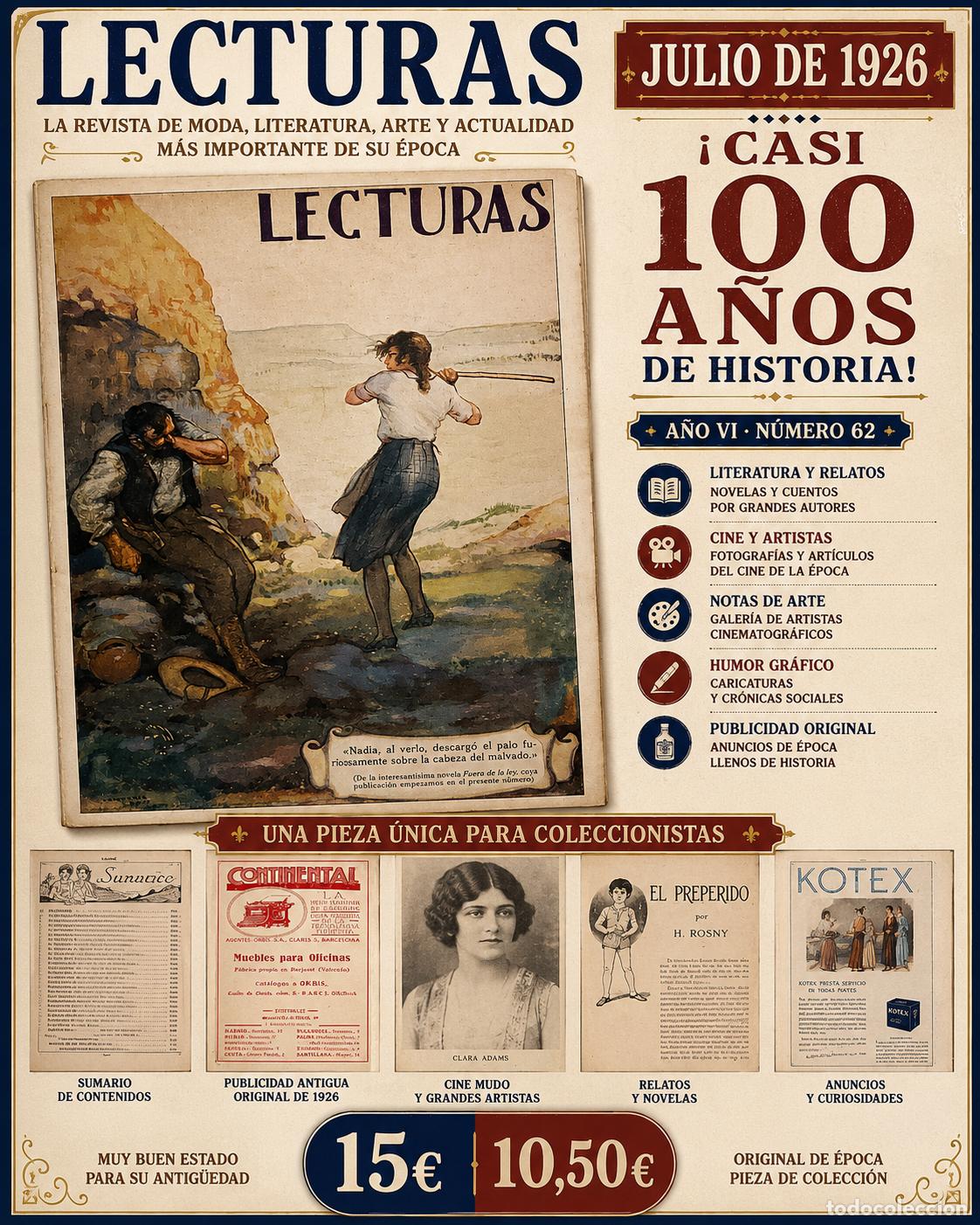 Coleccionismo de Revistas y Peri&oacute;dicos: REVISTA LECTURAS N&ordm; 62 | JULIO 1926 | PUBLICIDAD ANTIGUA | CINE | ARTE | CLARA ADAMS
