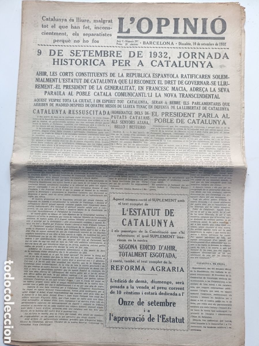 Colecionismo de Revistas e Jornais: L'Opini&oacute; 10 setembre 1932 L'Estatut de Catalunya text complet Francesc Maci&agrave; Rep&uacute;blica