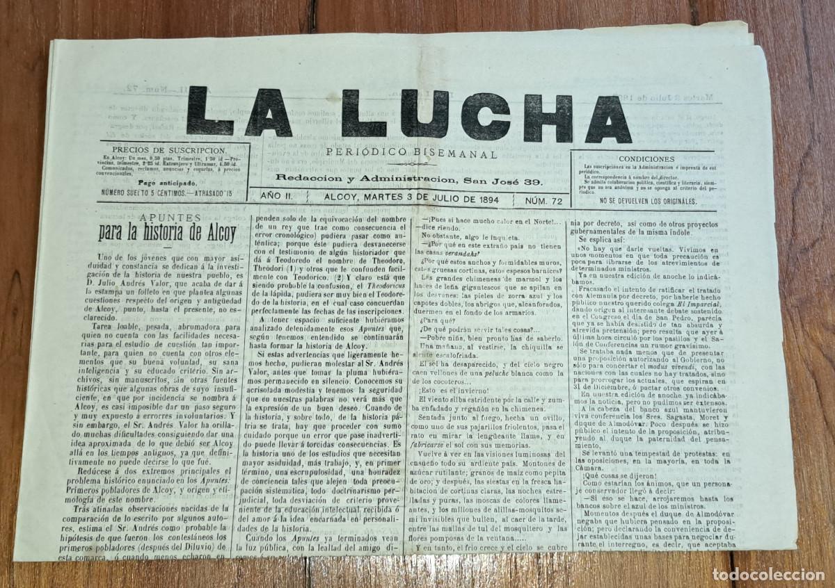 Colecionismo de Revistas e Jornais: LA LUCHA - PERI&Oacute;DICO BISEMANAL - ALCOY ( Alicante ) - MARTES, 3 DE JULIO DE 1894 - SIGLO XIX