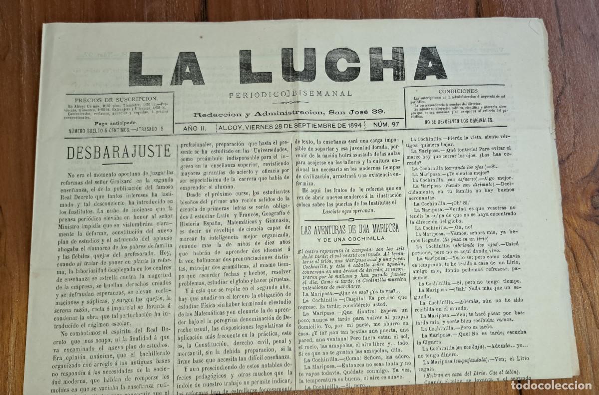 Colecionismo de Revistas e Jornais: LA LUCHA - PERI&Oacute;DICO BISEMANAL - ALCOY ( Alicante ) - VIERNES, 28 DE SEPTIEMBRE DE 1894 - SIGLO XIX
