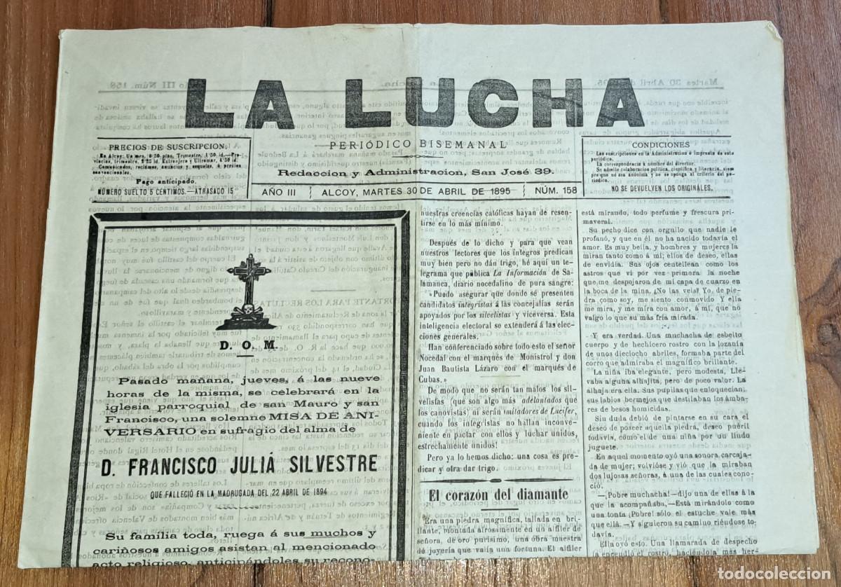 Coleccionismo de Revistas y Peri&oacute;dicos: LA LUCHA - PERI&Oacute;DICO BISEMANAL - ALCOY ( Alicante ) - MARTES, 30 DE ABRIL DE 1895 - SIGLO XIX