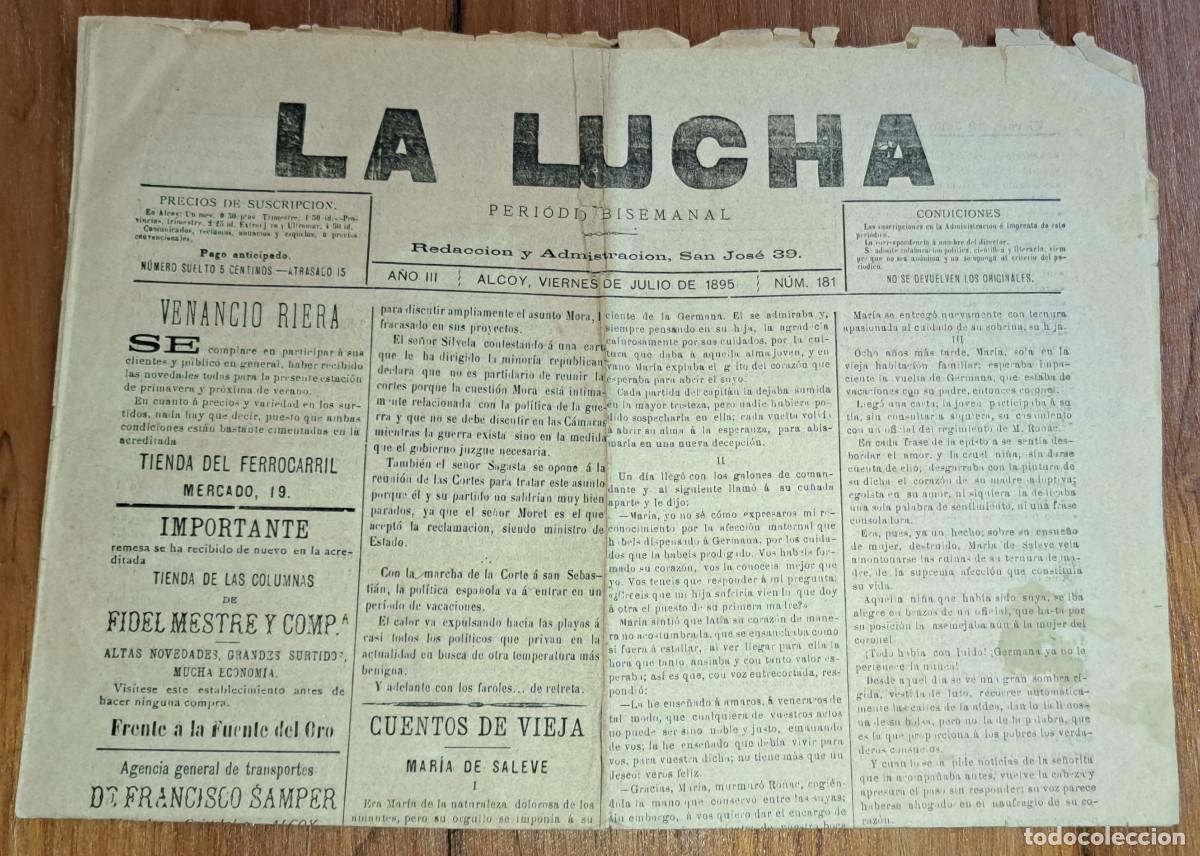 Coleccionismo de Revistas y Peri&oacute;dicos: LA LUCHA - PERI&Oacute;DICO BISEMANAL - ALCOY ( Alicante ) - VIERNES, 19 DE JULIO DE 1895 - SIGLO XIX