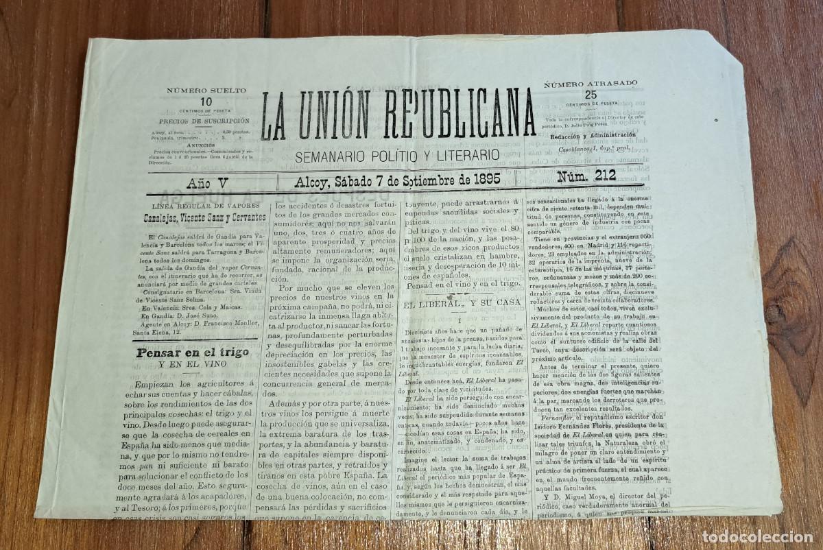 Coleccionismo de Revistas y Peri&oacute;dicos: LA UNI&Oacute;N REPUBLICANA - SEMANARIO POL&Iacute;TICO Y LITERARIO - ALCOY ( Alicante ) - 7 DE SEPTIEMBRE DE 1895