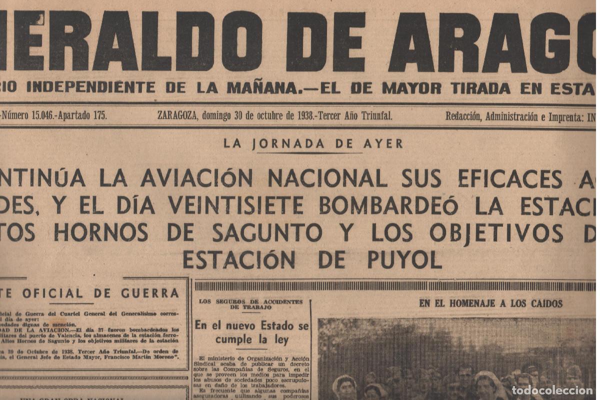 Coleccionismo de Revistas y Peri&oacute;dicos: HERALDO DE ARAGON 30 de Octubre 1938 8 pag.Hojas limpias