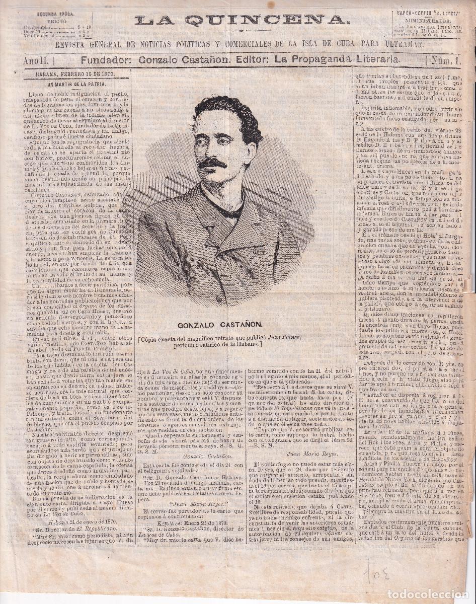 Collezionismo di Riviste e Giornali: LA QUINCENA. A&Ntilde;O II, N&ordm;1. HABANA, CUBA. 1870. FUNDADOR GONZALO CASTA&Ntilde;ON, DE MIERES, ASTURIAS