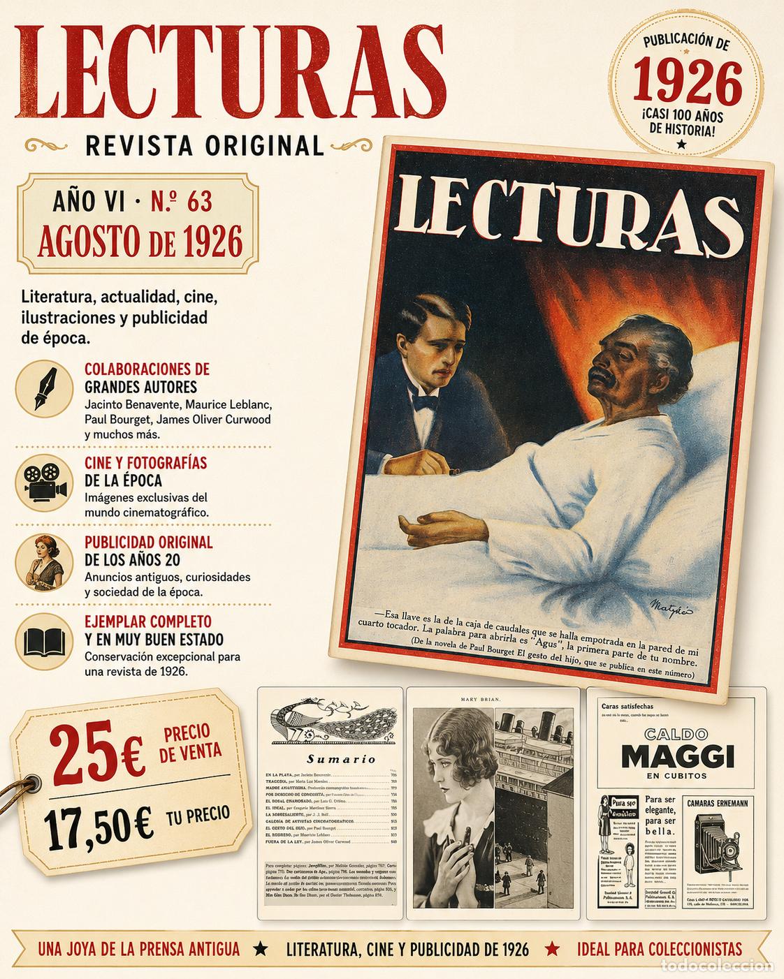 Coleccionismo de Revistas y Peri&oacute;dicos: A&Ntilde;O 1926 | REVISTA LECTURAS N&ordm; 63 | AGOSTO | JACINTO BENAVENTE | CINE Y PUBLICIDAD