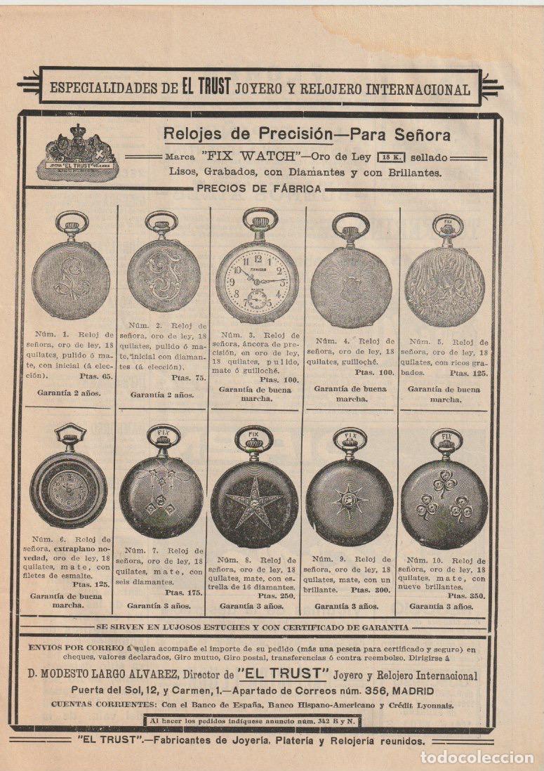Coleccionismo de Revistas y Peri&oacute;dicos: Publicidad relojes de precisi&oacute;n FIX WATCH de El Trust Joyero - 1912