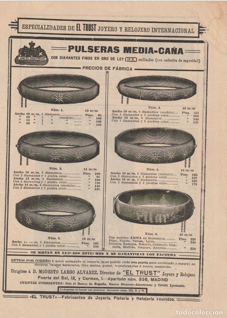 Coleccionismo de Revistas y Peri&oacute;dicos: Publicidad pulseras media ca&ntilde;a de Trust Joyeros - 1920