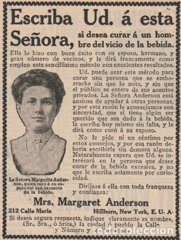 Coleccionismo de Revistas y Peri&oacute;dicos: Publicidad Mrs. Margaret Anderson, cura del vicio de la bebida - 1912