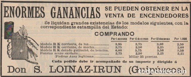 Collezionismo di Riviste e Giornali: Publicidad venta de encendedores Don S. Loinaz-Irun ( Guip&uacute;zcoa) - 1912