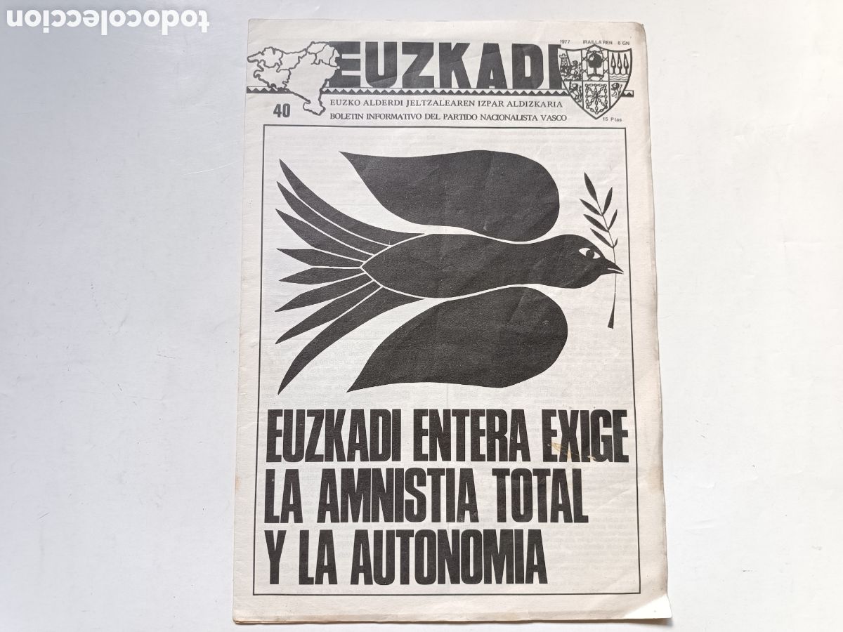 Coleccionismo de Revistas y Peri&oacute;dicos: EUZKADI n&ordm; 40 (8-Septiembre 1977) Boletin del PNV (Partido Nacionalista Vasco)