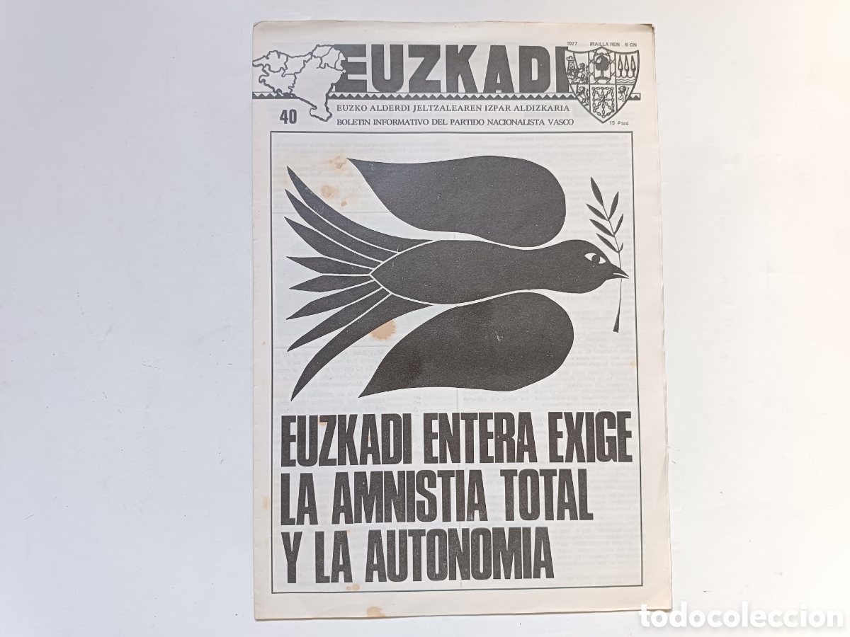 Coleccionismo de Revistas y Peri&oacute;dicos: EUZKADI n&ordm; 40 (8 Septiembre 1977) Boletin del PNV (Partido Nacionalista Vasco) EAJ