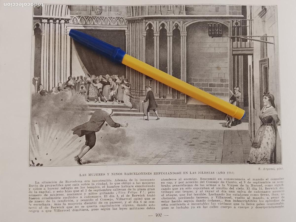 Coleccionismo de Revistas y Peri&oacute;dicos: hoja libro 1909 - MUJERES Y NI&Ntilde;OS BARCELONESES REFUGIANDOSE EN LAS IGLESIAS A&Ntilde;O 1714