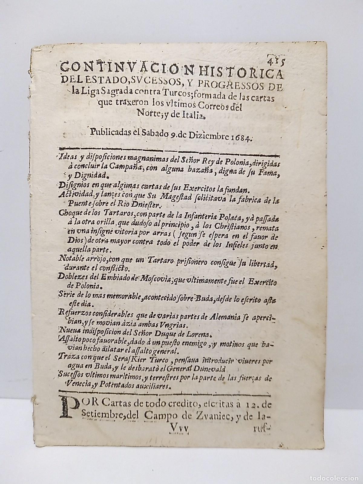 Collection Magazines and Newspapers: CONTINUACION HISTORICA....Publicada el Sabado 9 de Diziembre 1684 - Del Estado, Sucessos, y Progress