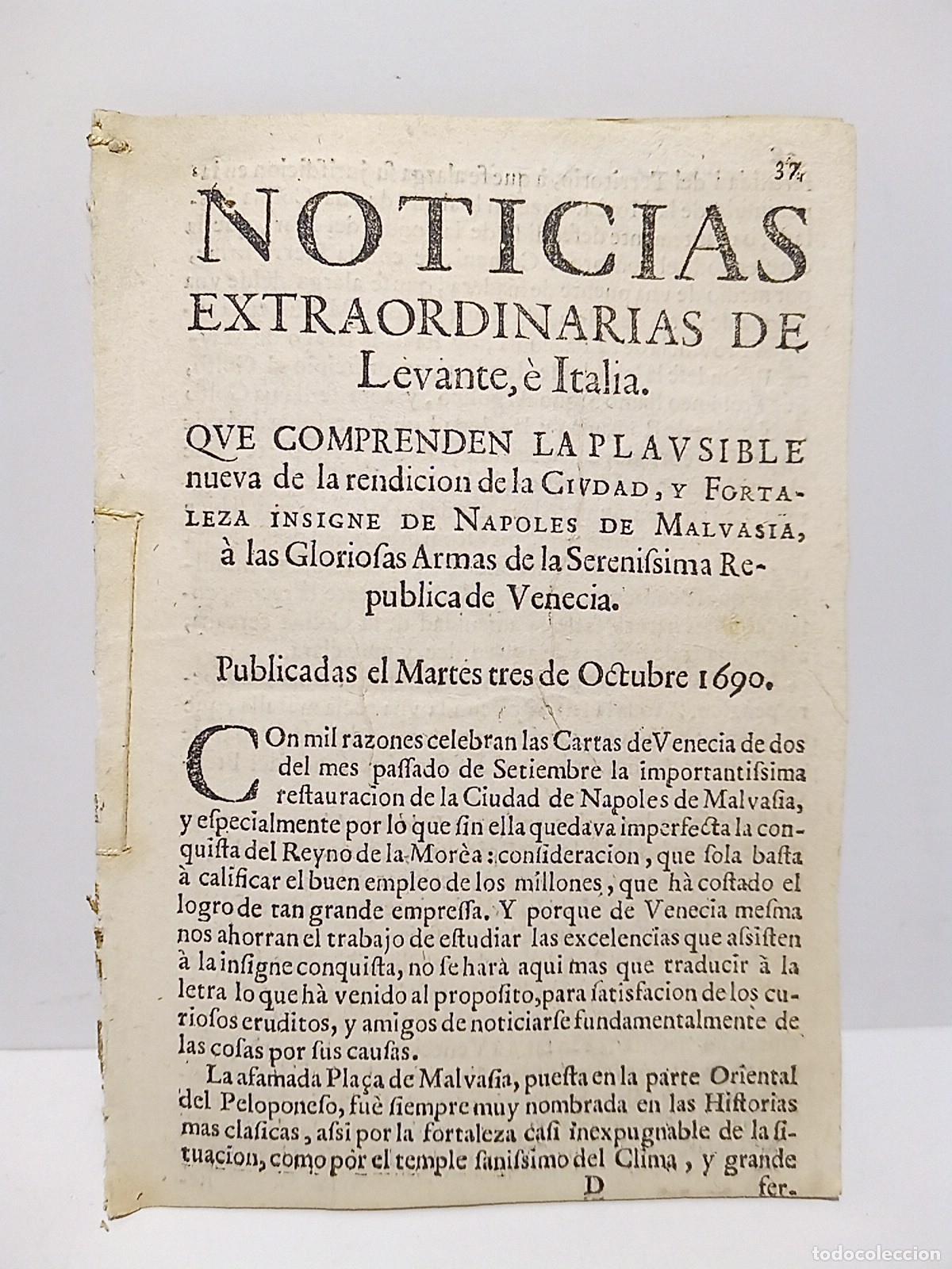 Coleccionismo de Revistas y Peri&oacute;dicos: NOTICIAS EXTRAORDINARIAS DE Levante, &egrave; Italia. Publicadas el Martes tres de Octubre 1690 - [NOTICIAS