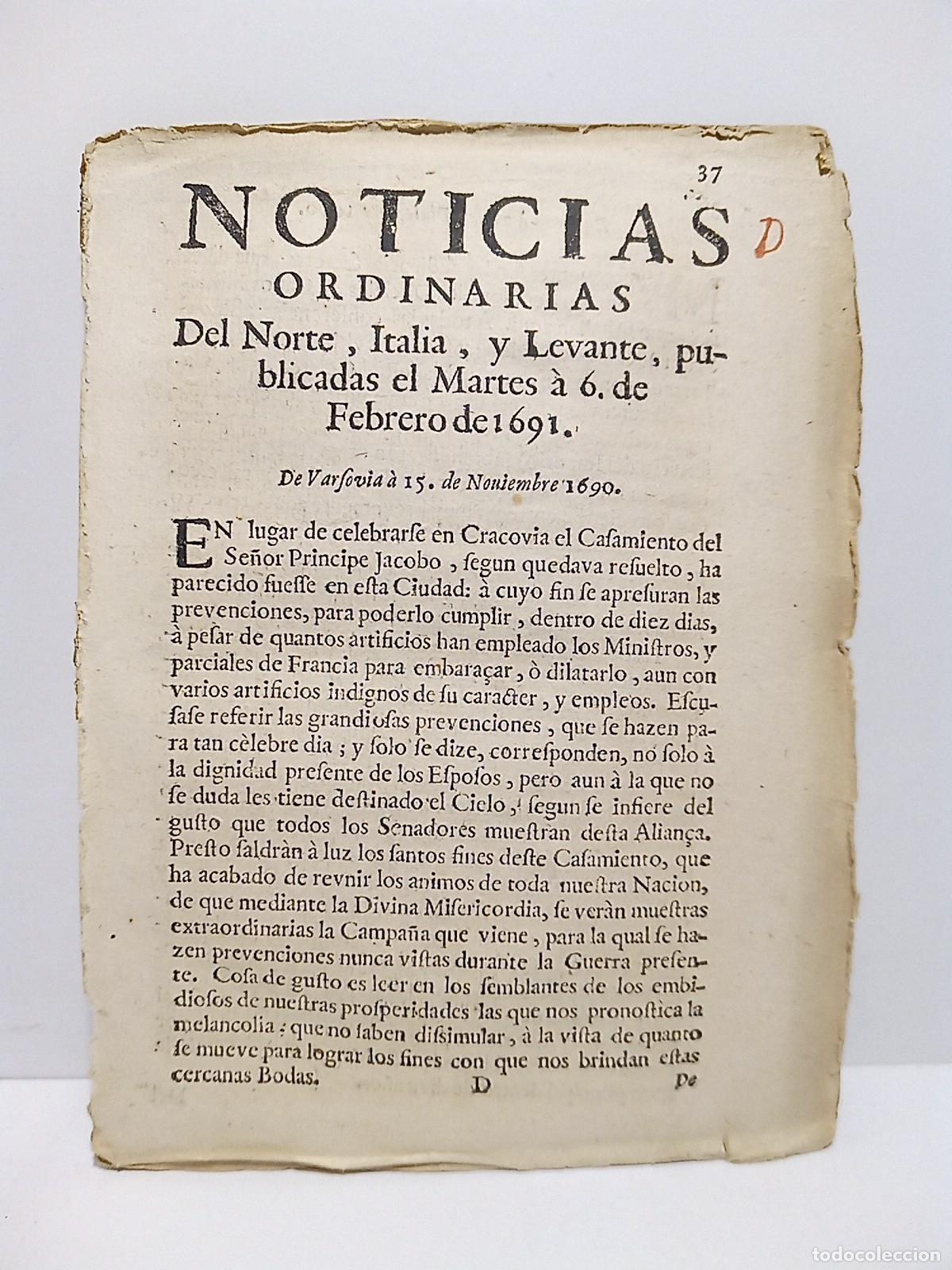 Coleccionismo de Revistas y Peri&oacute;dicos: NOTICIAS ORDINARIAS Del Norte, Italia, y Levante, publicadas el Martes &agrave; 6 de Febrero de 1691 - [NOT