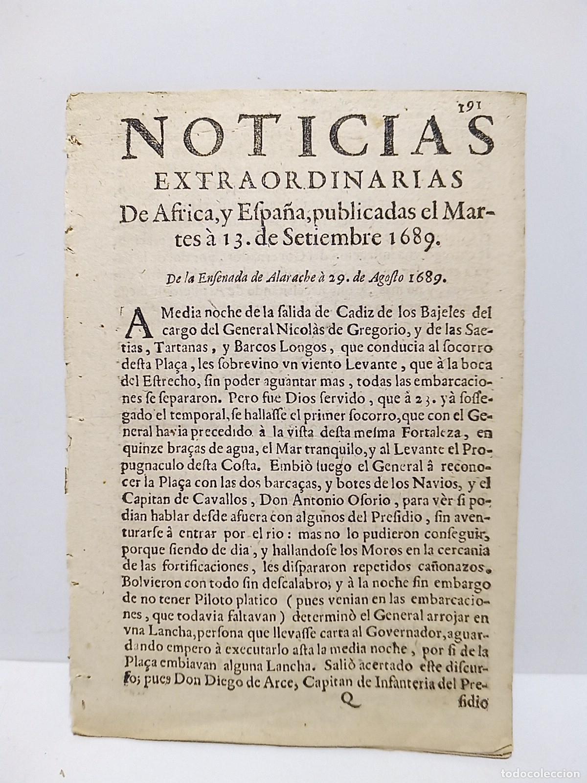 Coleccionismo de Revistas y Peri&oacute;dicos: NOTICIAS EXTRAORDINARIAS De Africa, y Espa&ntilde;a, publicadas el Martes &agrave; 13 de Septiembre 1689 - [NOTICI