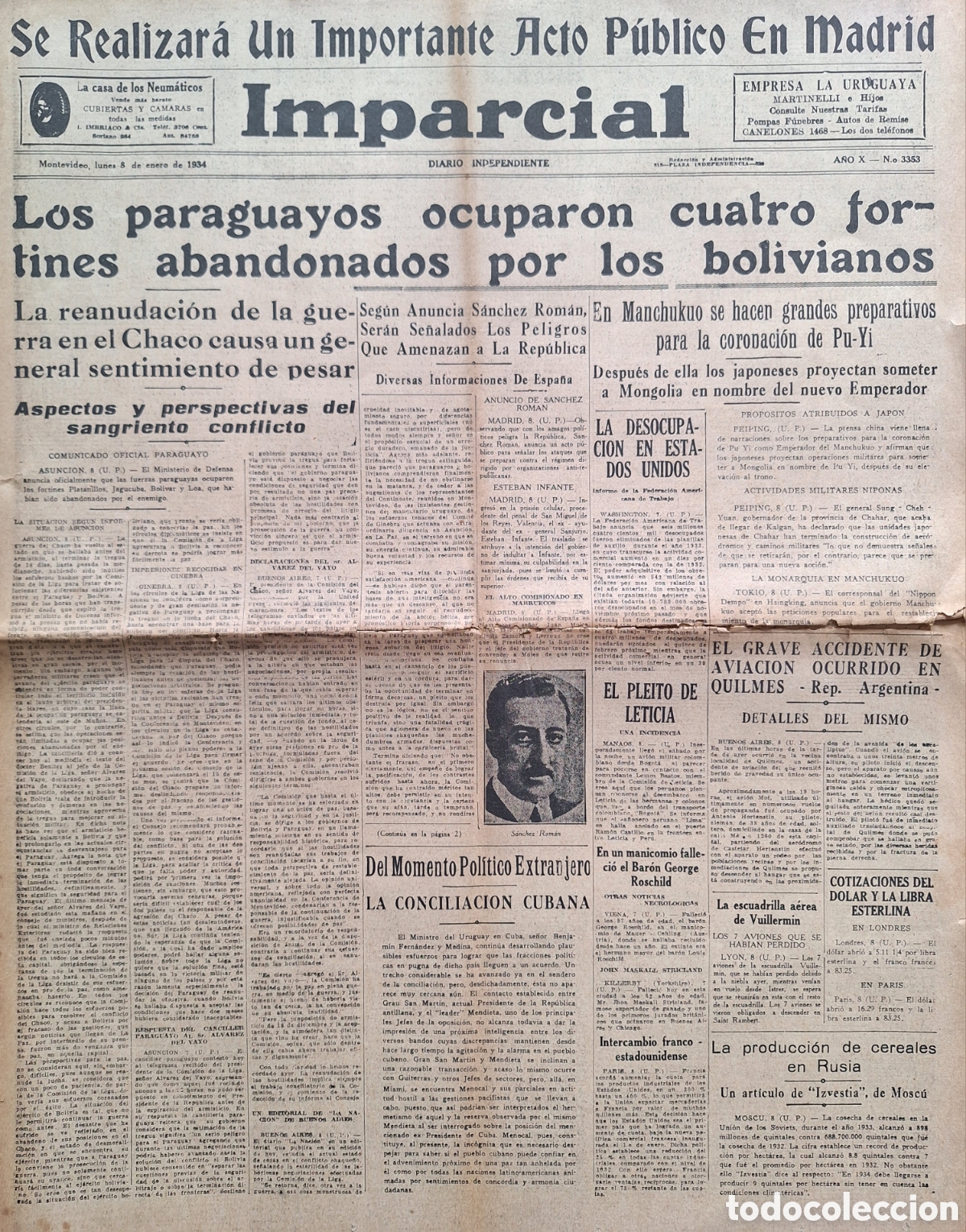 Coleccionismo de Revistas y Peri&oacute;dicos: PERIODICO EL IMPARCIAL ENERO 1934 GUERRA DEL CHACO PARAGUAY OCUPA 4 FORTINES BOLIVIANOS