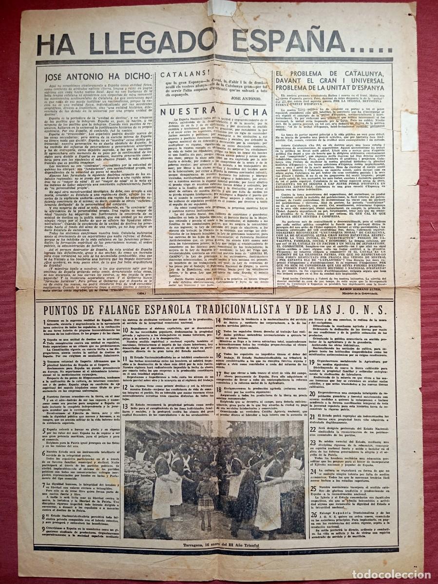 Coleccionismo de Revistas y Peri&oacute;dicos: ⚜️ L04A01. Muy raro. Guerra Civil. N&uacute;mero 0 Diario Espa&ntilde;ol de Tarragona. Ha llegado Espa&ntilde;a