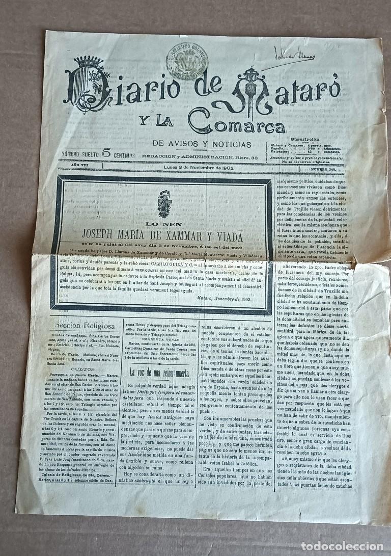 Coleccionismo de Revistas y Peri&oacute;dicos: DIARIO DE MATARO Y LA COMARCA - Lunes 3 de noviembre de 1902 - A&ntilde;o III num 248