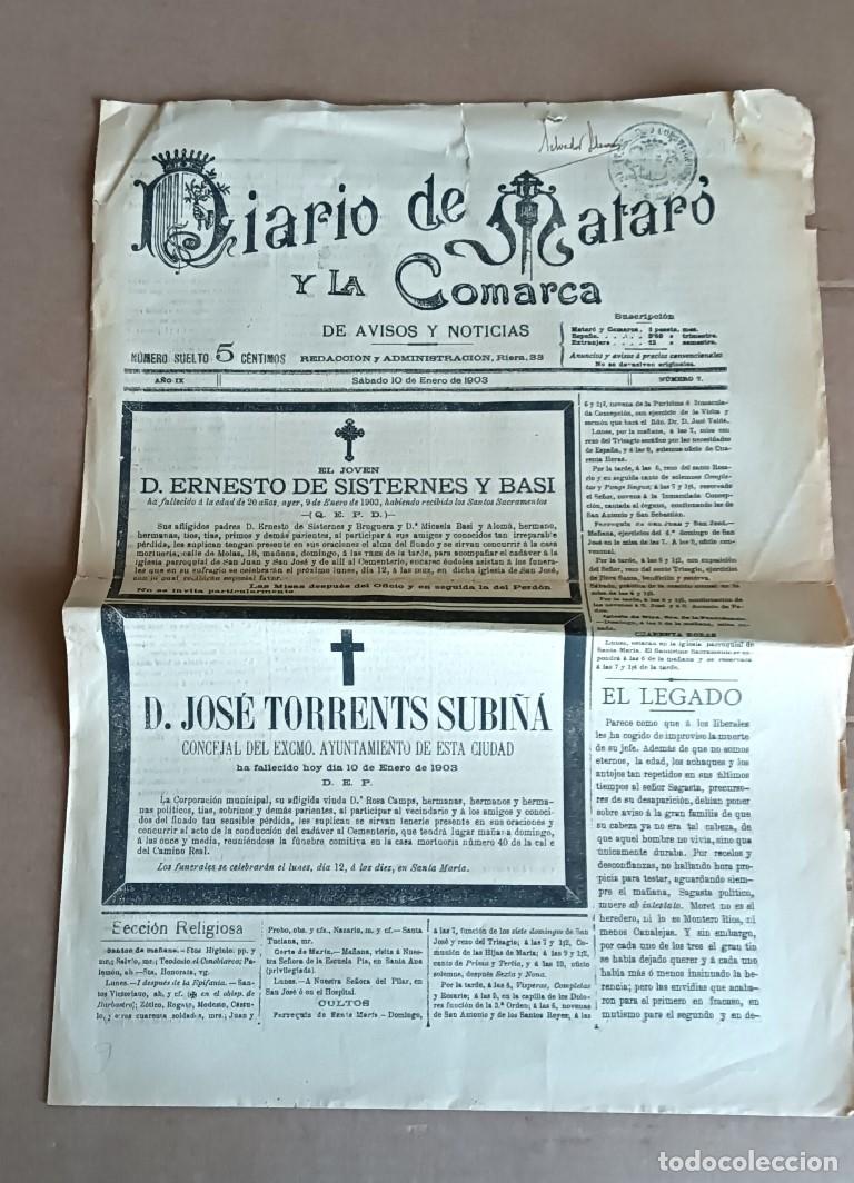 Coleccionismo de Revistas y Peri&oacute;dicos: DIARIO DE MATARO Y LA COMARCA - S&aacute;bado 10 de enero de 1903 - A&ntilde;o IX num 7
