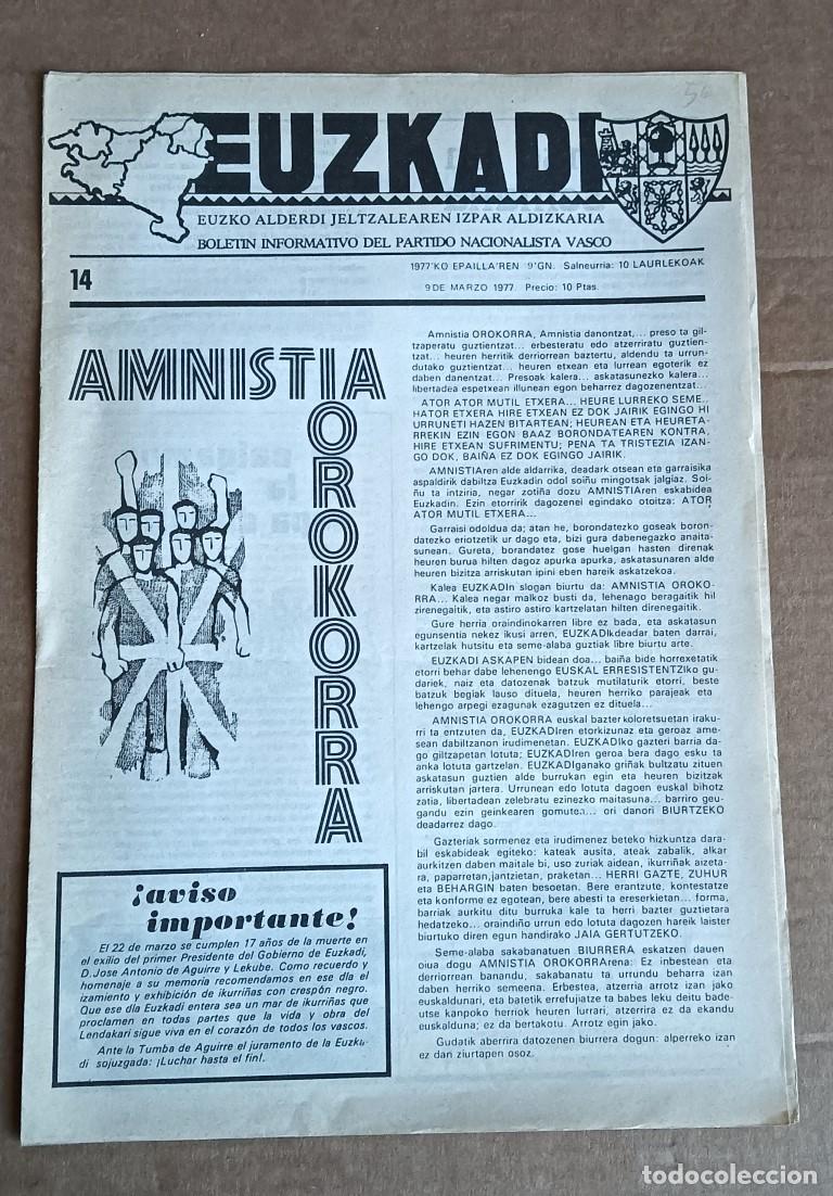 Collezionismo di Riviste e Giornali: EUZKADI Bolet&iacute;n informativo del Partido Nacionalista Vasco - n&ordm; 14 9 de marzo de 1977