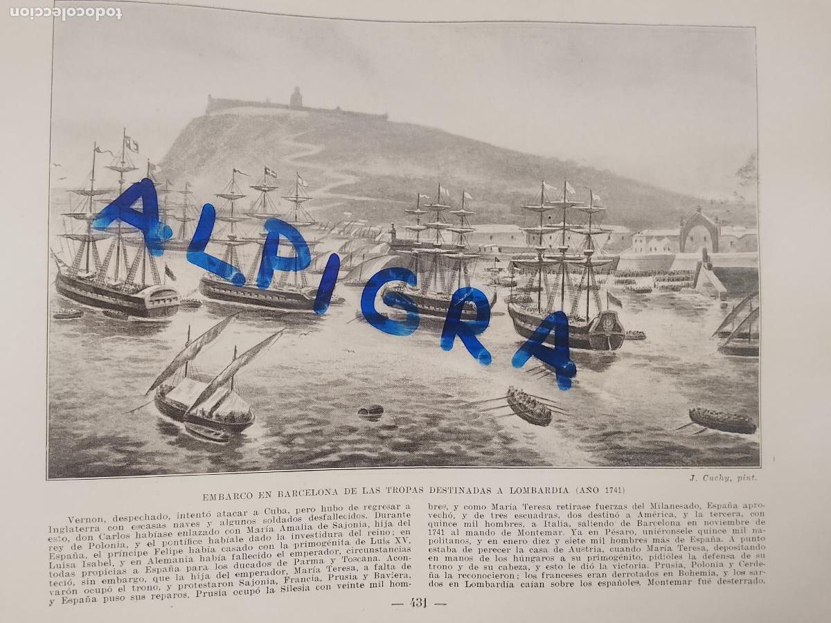 Coleccionismo de Revistas y Peri&oacute;dicos: hoja libro 1909 - BARCOS - EMBARCO EN BARCELONA DE LAS TROPAS DESTINADAS A LOMBARDIA A&Ntilde;O 1741