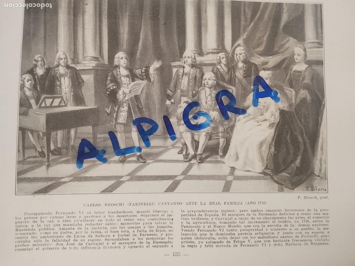 Coleccionismo de Revistas y Peri&oacute;dicos: hoja libro 1909 - CARLOS BROSCHI FARINELLI CANTANDO ANTE LA REAL FAMILIA A&Ntilde;O 1750