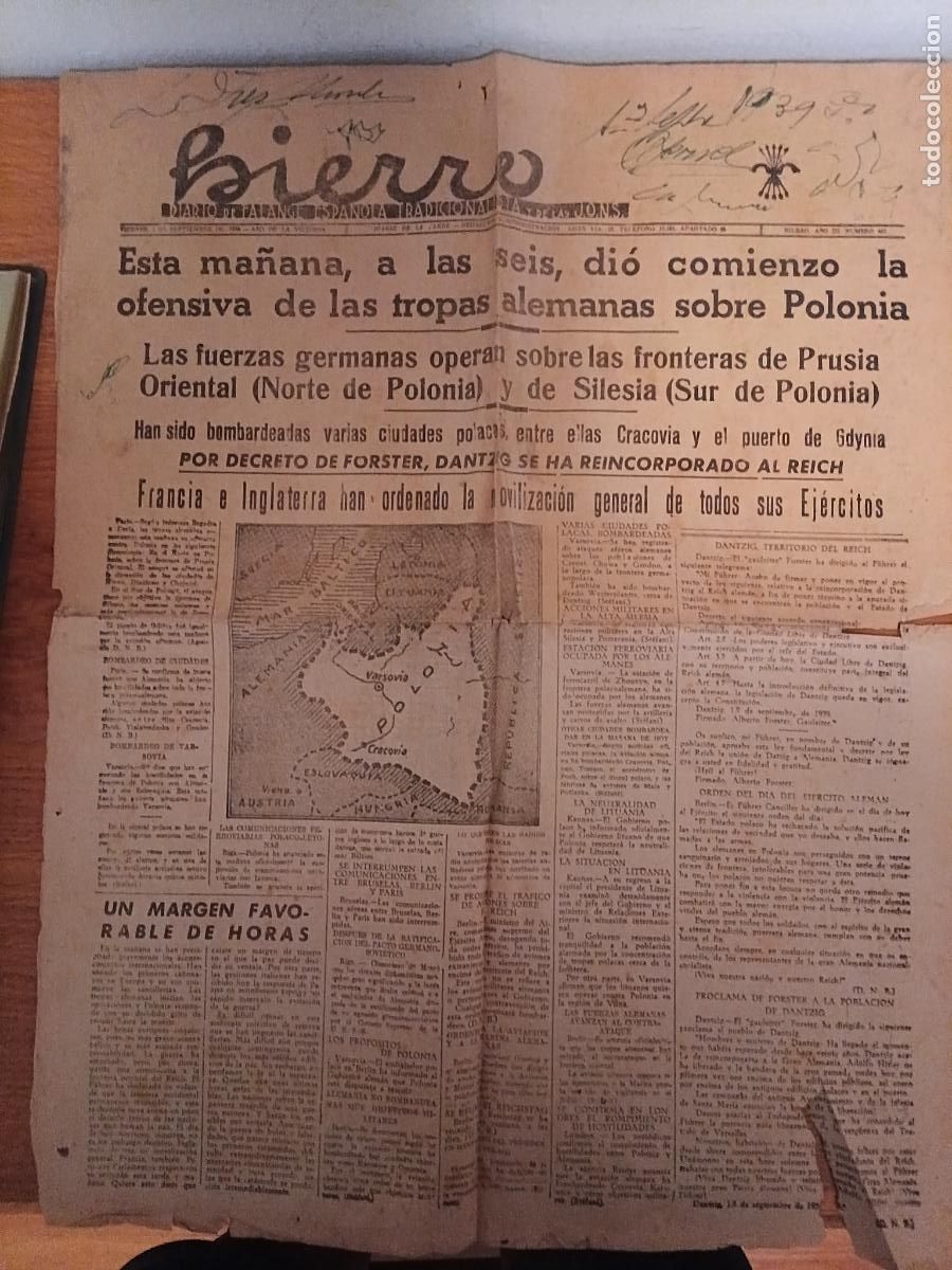 Coleccionismo de Revistas y Peri&oacute;dicos: Hierro, diario de Falange Espa&ntilde;ola 1 de Septiembre de 1939. Bilbao