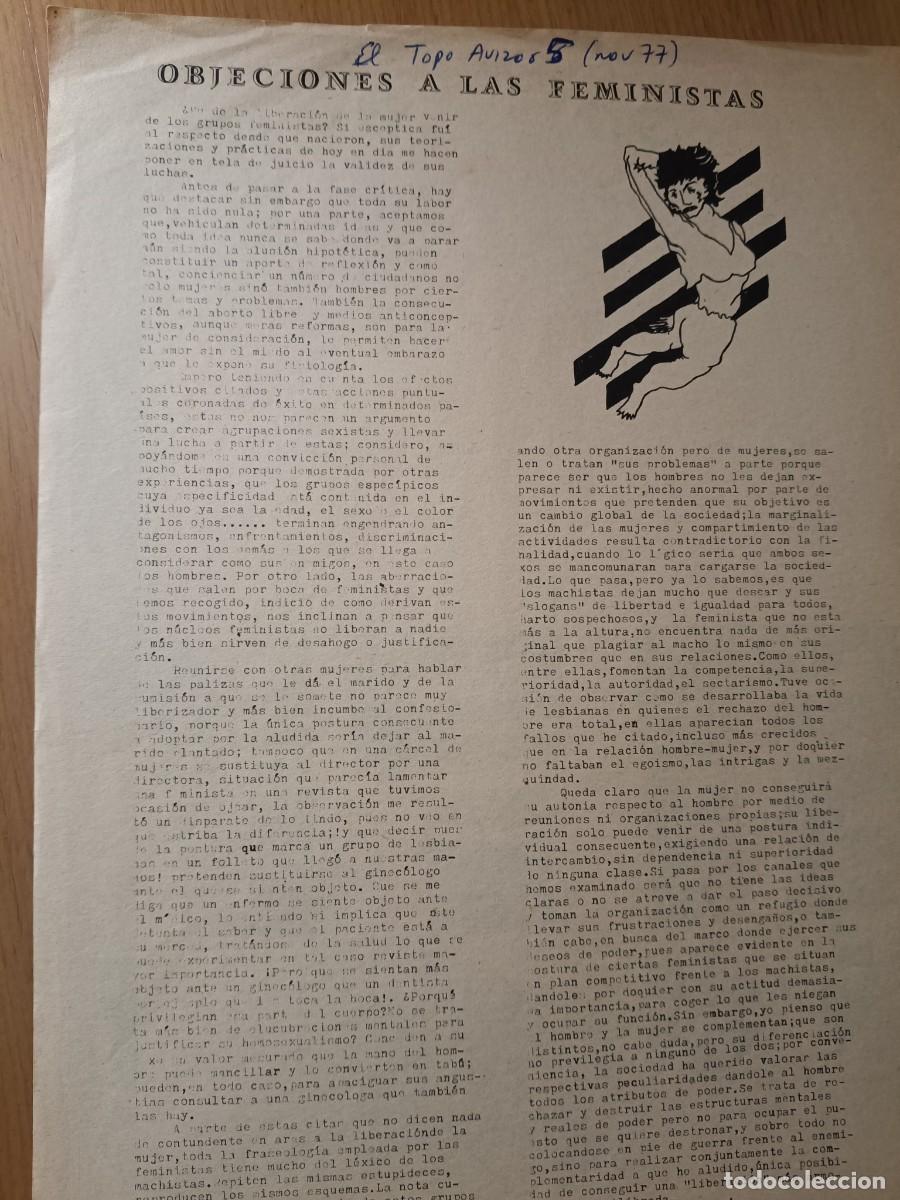 Coleccionismo de Revistas y Peri&oacute;dicos: OBJECIONES A LAS FEMINISTAS. ARTICULO DE LA REVISTA LIBERTARIA EL TOPO AVIZOR N&deg;5 1977