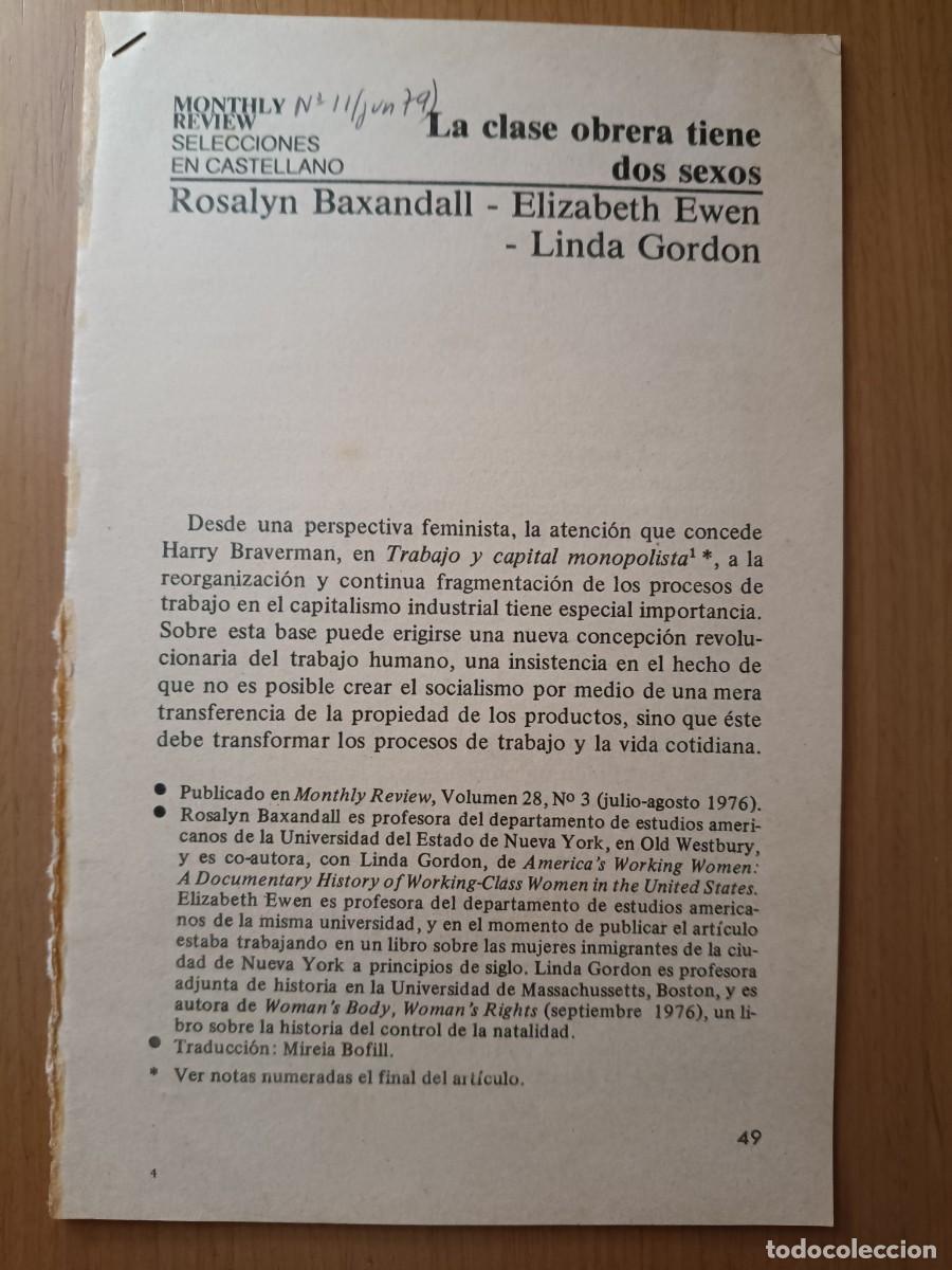 Coleccionismo de Revistas y Peri&oacute;dicos: DIVISION TRABAJO Y FEMINISMO. ARTICULO 16 PAGINAS EXTRA&Iacute;DO DE MONTHLY REVIEW (IV INTERNACIONAL) 1979