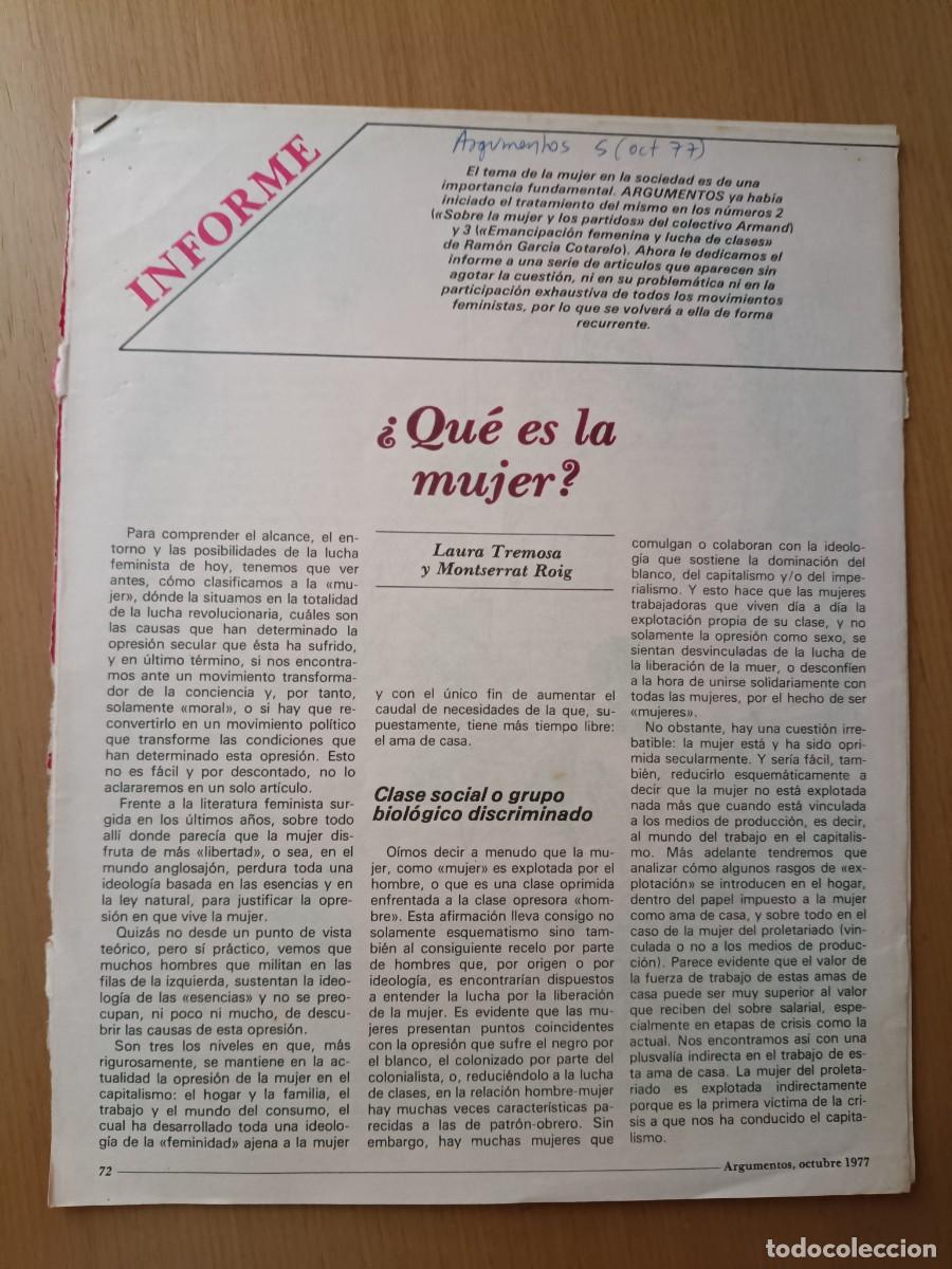 Coleccionismo de Revistas y Peri&oacute;dicos: QUE ES LA MUJER LAURA TREMOSA, MONTSERRAT ROIG MOVIMIENTO DEMOCRATICO DE LA MUJER 6P ARGUMENTOS 1977