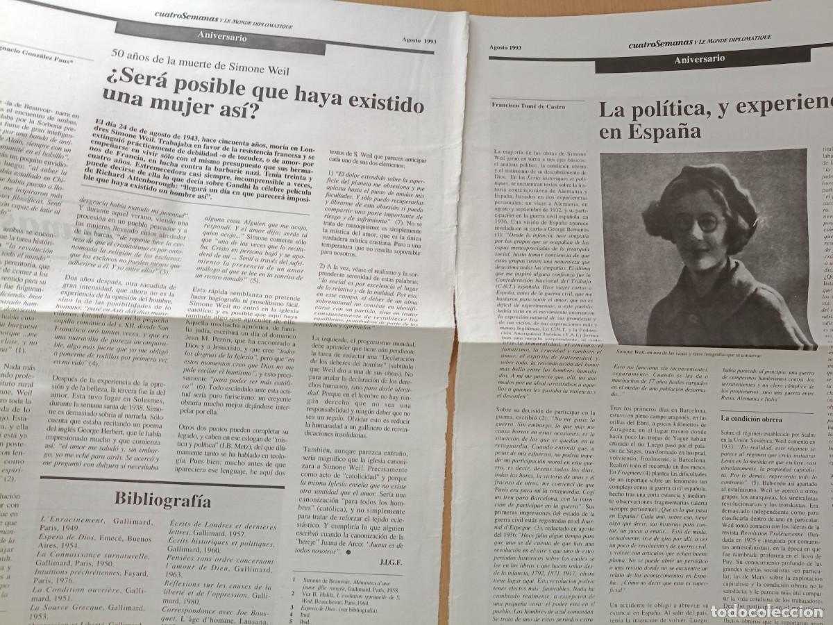 Coleccionismo de Revistas y Peri&oacute;dicos: 59 A&Ntilde;OS DE LA MUERTE DE SIMONE WEIL. GONZALEZ FAUS. 3 PAGINAS DE REVISTA CUATRO SEMANAS 1993