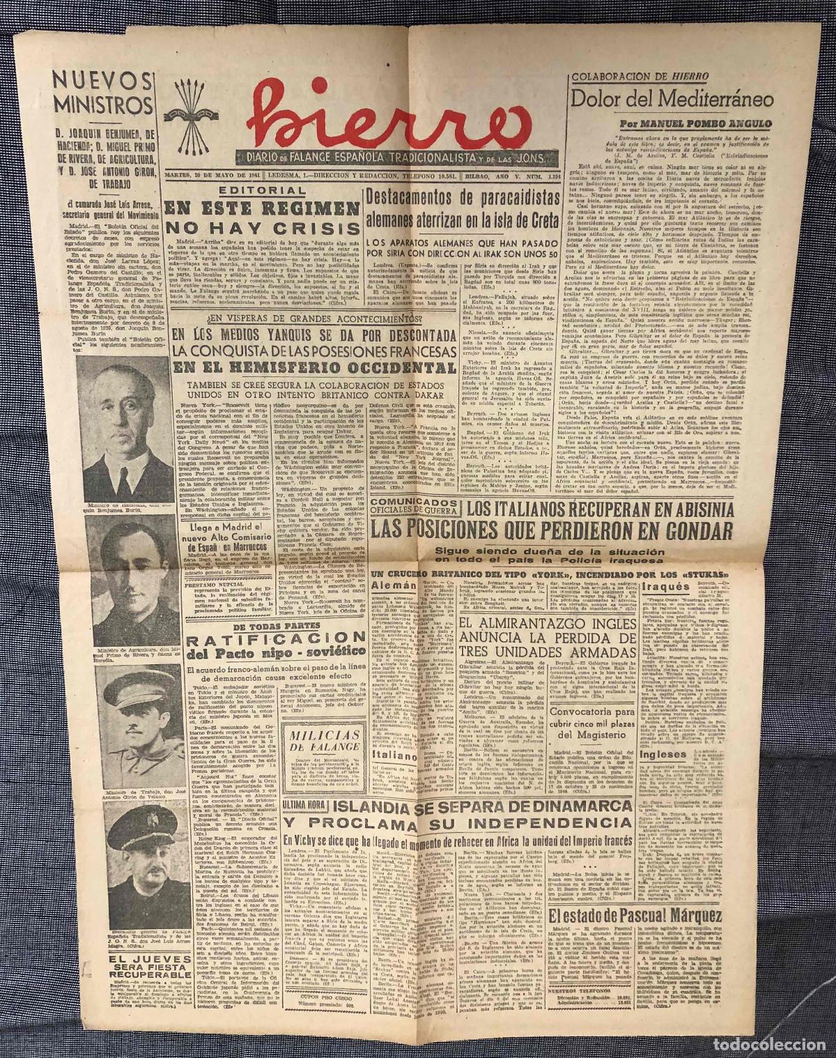 Coleccionismo de Revistas y Peri&oacute;dicos: DIARIO DE FALANGE ESPA&Ntilde;OLA HIERRO. N&ordm; 1194, 20 DE MAYO DE 1941