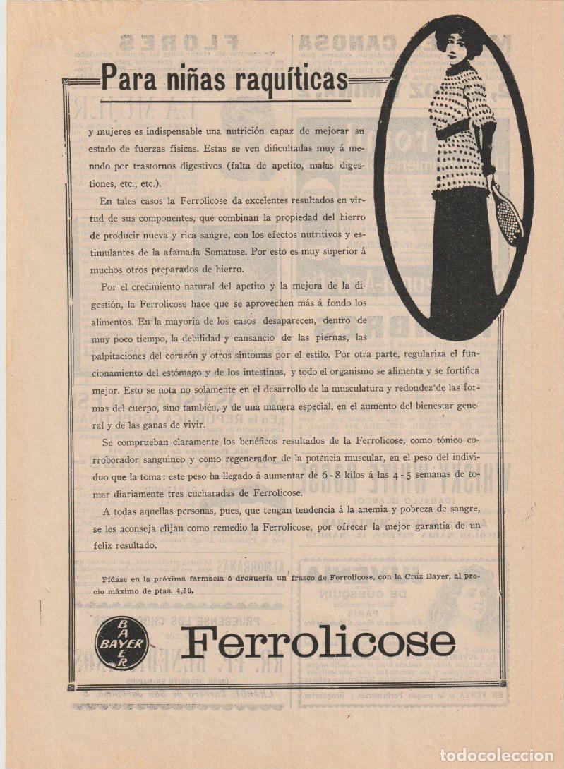 Coleccionismo de Revistas y Peri&oacute;dicos: Publicidad Ferrolicose Bayer para ni&ntilde;as raquiticas - 1912