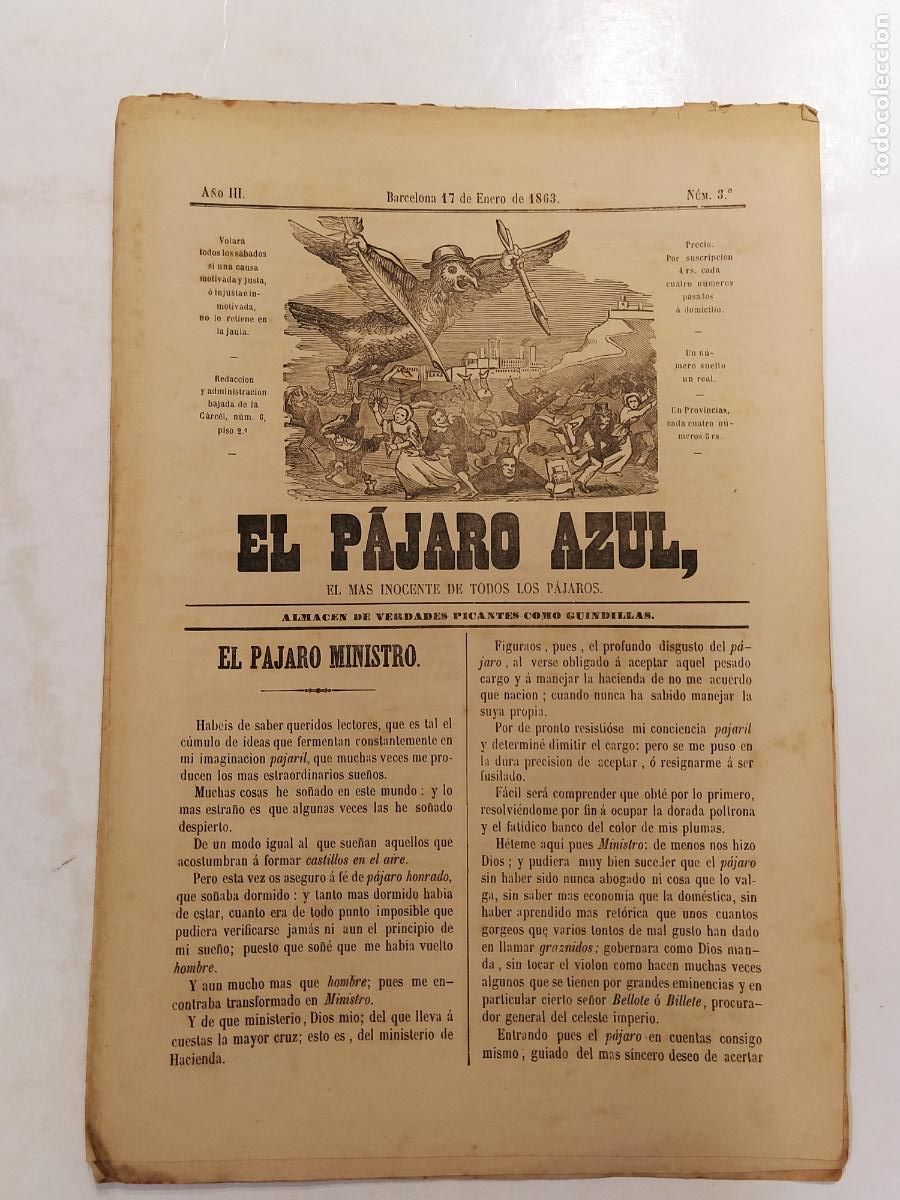 Collection Magazines and Newspapers: EL PAJARO AZUL - A&Ntilde;O 1863 NUMERO 3 - REVISTA ANTIGUA - ORIGINAL (V-28.236)
