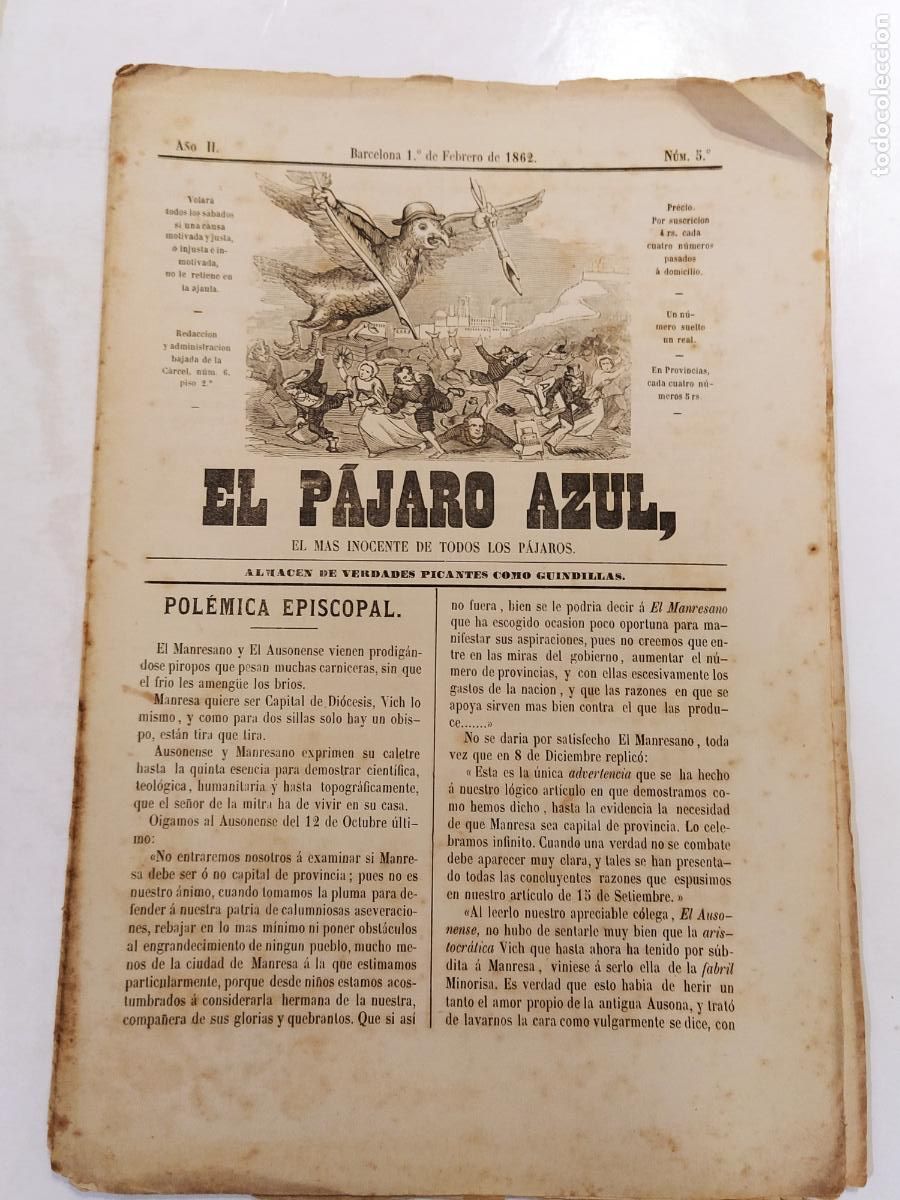 Collection Magazines and Newspapers: EL PAJARO AZUL - A&Ntilde;O 1862 NUMERO 5 - REVISTA ANTIGUA - ORIGINAL (V-28.236)