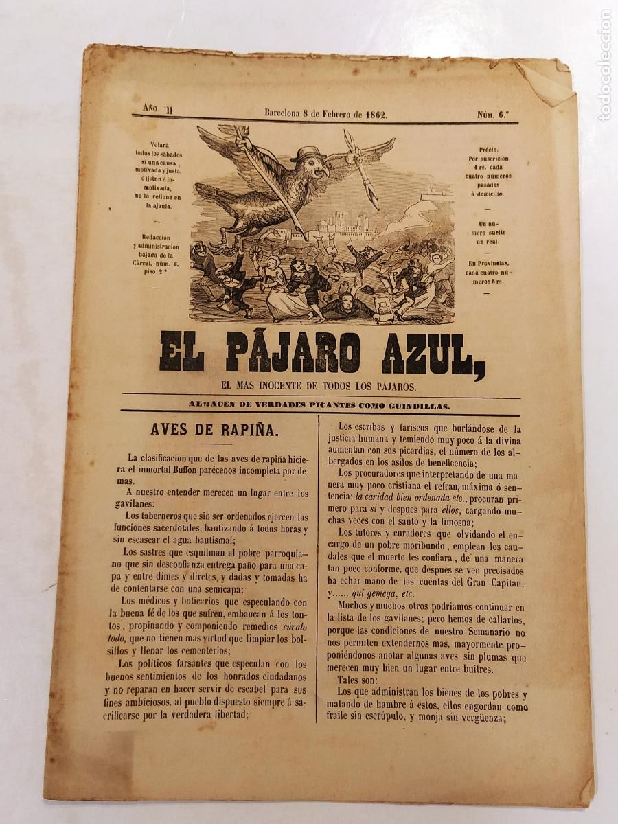 Collection Magazines and Newspapers: EL PAJARO AZUL - A&Ntilde;O 1862 NUMERO 6 - REVISTA ANTIGUA - ORIGINAL (V-28.236)
