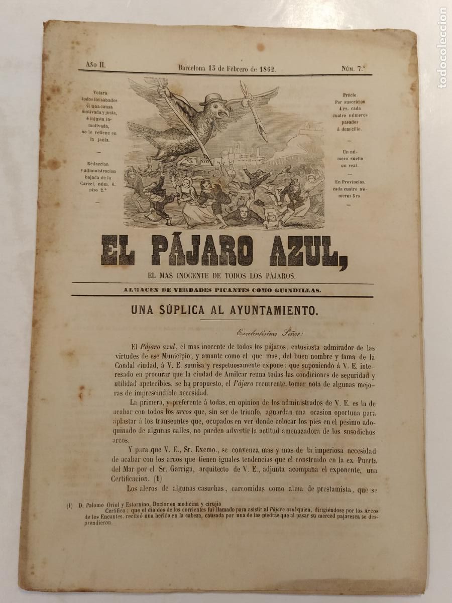 Collection Magazines and Newspapers: EL PAJARO AZUL - A&Ntilde;O 1862 NUMERO 7 - REVISTA ANTIGUA - ORIGINAL (V-28.236)