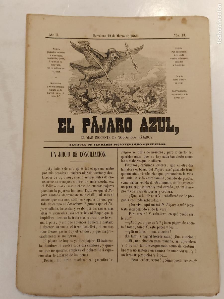 Collection Magazines and Newspapers: EL PAJARO AZUL - A&Ntilde;O 1862 NUMERO 13 - REVISTA ANTIGUA - ORIGINAL (V-28.236)
